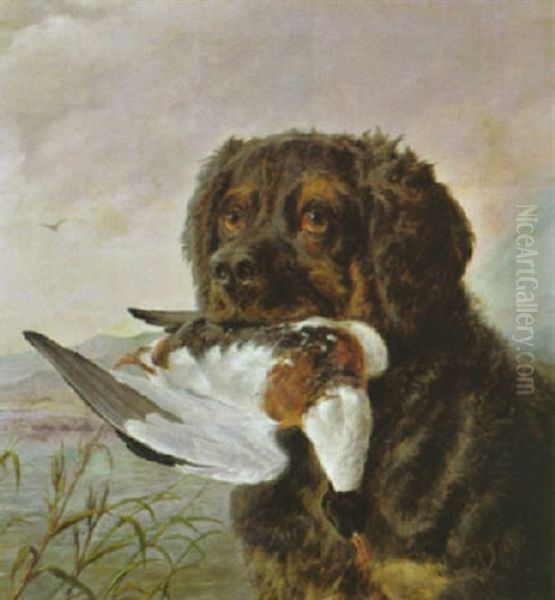 Jagdhund, Eine Ente Apportierend Oil Painting by Carl Friedrich Deiker