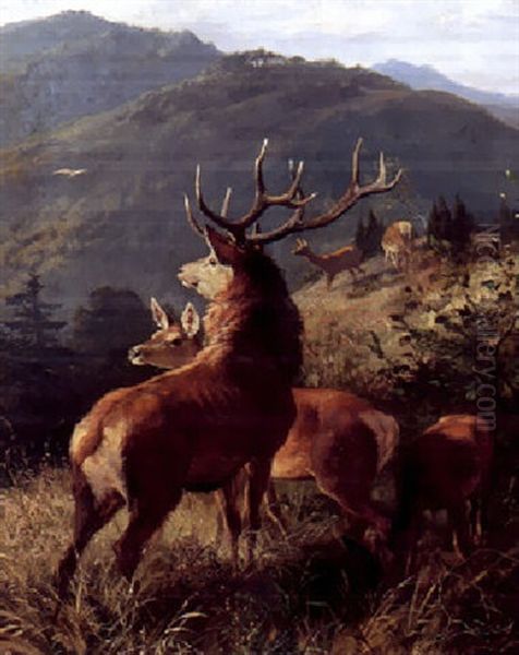 Bjerglandskab Med Kronhjorte Oil Painting by Carl Friedrich Deiker