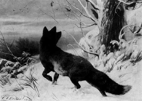 Fox In The Snow Oil Painting by Carl Friedrich Deiker