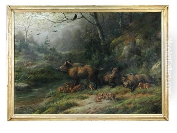 Wild Boar With Their Young In A Wooded Landscape, A Fox Beyond Oil Painting by Johannes Christian Deiker