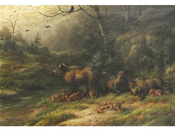 Wild Boars In A Wooded Landscape, A Fox Beyond Oil Painting by Johannes Christian Deiker