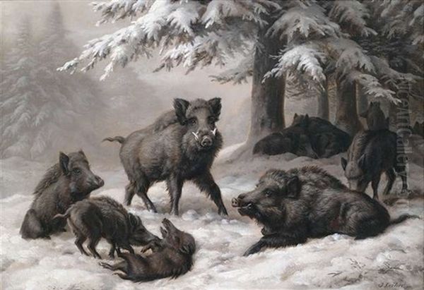 Wildschweinrotte Im Winterlichen Wald Oil Painting by Johannes Christian Deiker