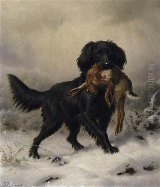 Schwarzer Setter Apportiert Hasen In Winterlicher Landschaft Oil Painting by Johannes Christian Deiker