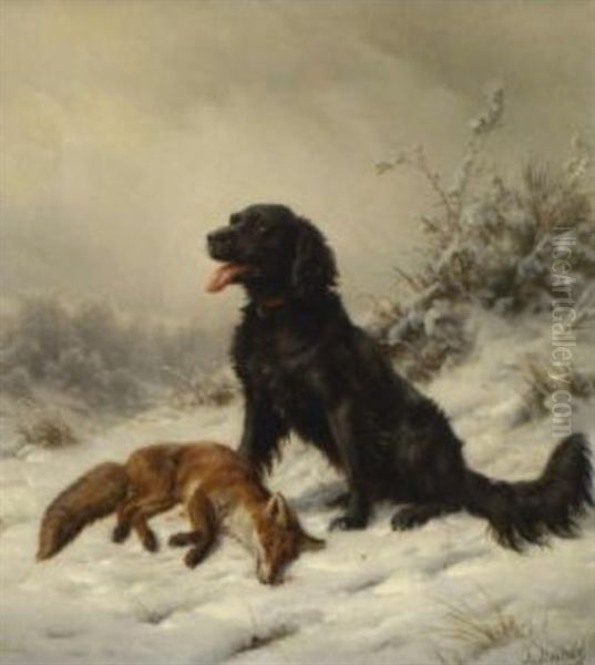 Jagdhund Mit Erlegtem Fuchs In Winterlandschaft Oil Painting by Johannes Christian Deiker