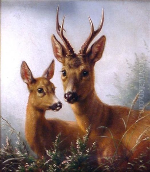 Zwei Rehe Oil Painting by Johannes Christian Deiker