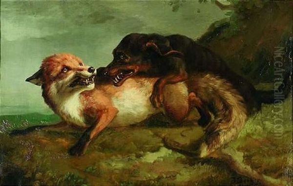 Ein Fuchs Wird Von Einem Dackel Attackiert Oil Painting by Johannes Christian Deiker