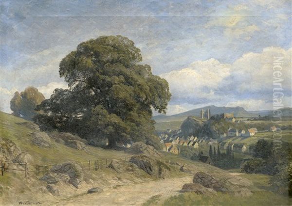 An Der Saegemuhle: Sommerliche Landschaft Mit Blick Auf Ein Dorf Und Burgruine Oil Painting by Heinrich Deiters