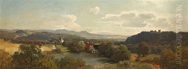 Vast Landscape With Lake And River (rhine?) Oil Painting by Heinrich Deiters