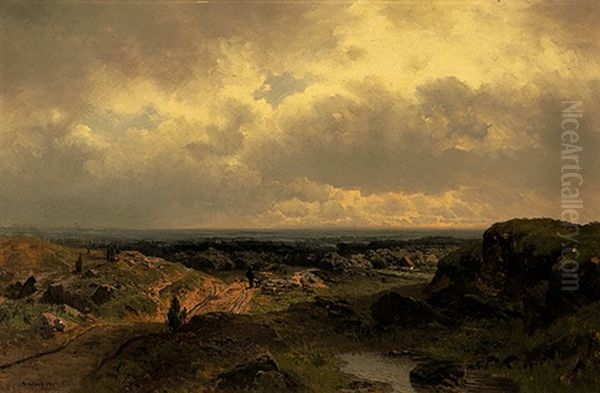 Blick Von Der Hohe Mit Weidenden Schafen In Sommerliche Niederrheinische Landschaft Oil Painting by Heinrich Deiters