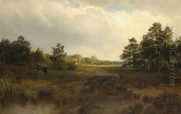 Reisigsammlerinnen In Baumlandschaft Oil Painting by Heinrich Deiters