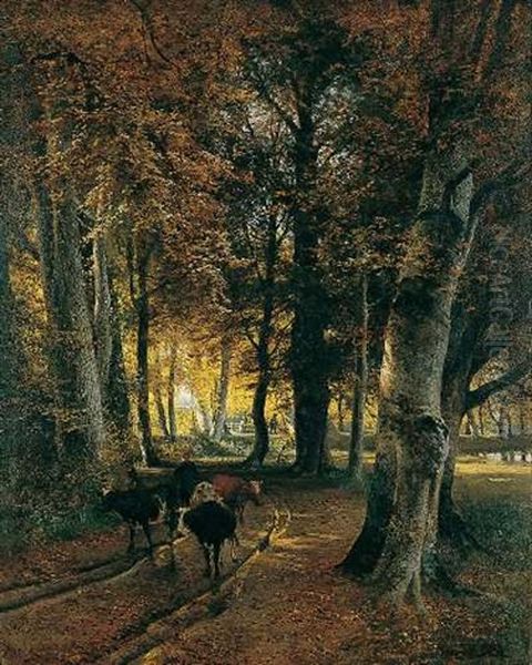 Waldlandschaft Mit Kuhen Und Gehoft Oil Painting by Heinrich Deiters