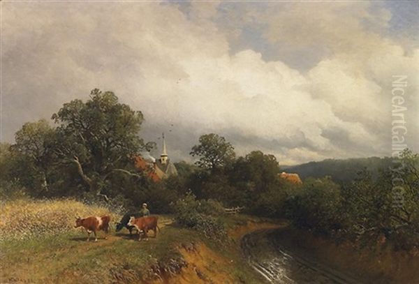 Viehhirtin Vor Einem Kirchdorf Oil Painting by Heinrich Deiters