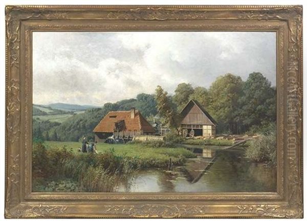 Westfalische Landschaft Mit Einer Muhle An Einem Fluss Oil Painting by Heinrich Deiters