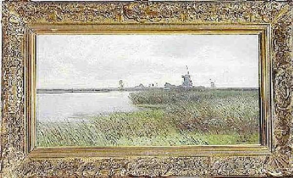 Hollandische Polderlandschaft Mit Windmuhlen Oil Painting by Heinrich Deiters