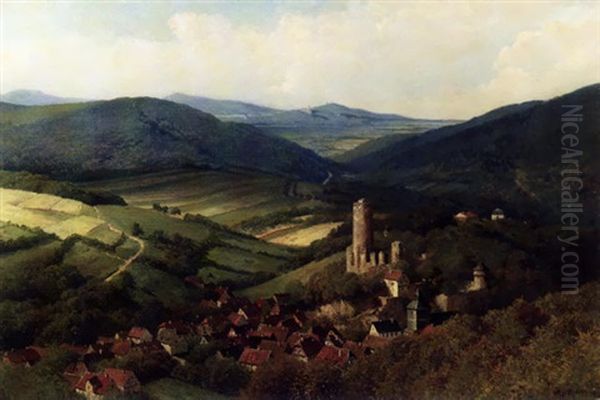 Blick Auf Dorf Und Burg Reifferscheid In Der Eifel Oil Painting by Heinrich Deiters