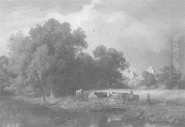 Westfalische Bauern Beim Heimtrieb Der Kuhe Vor Dem Gewitter Oil Painting by Heinrich Deiters