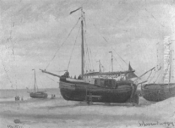 Segelschiffe Am Strand Von Scheveningen Oil Painting by Heinrich Deiters