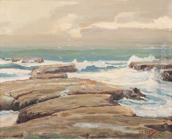 Crashing Waves Along A Rocky Shore Oil Painting by Luther Evans DeJoiner