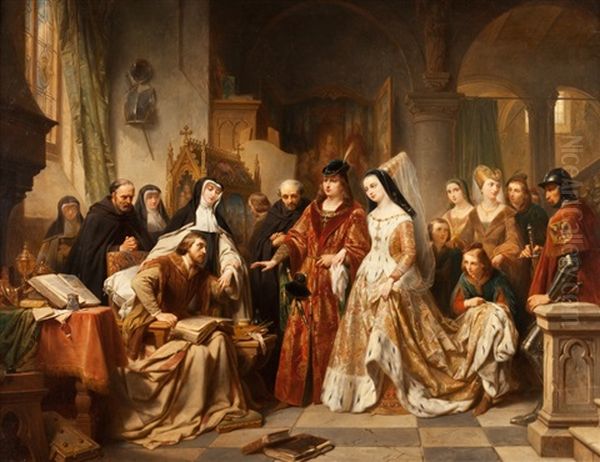 Hans Memling Receiving The Visit Of Emperor Maximilian And Maria Of Burgundy In The St. Johns Hosptial In Bruges Oil Painting by Nicaise Dekeyser