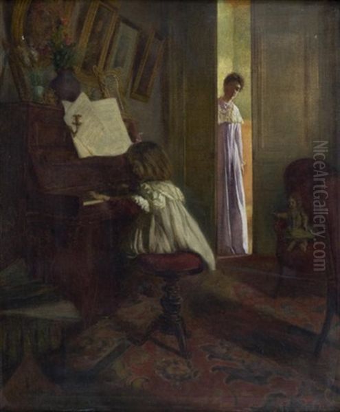 Jeune Enfant Jouant Du Piano Sous La Surveillance De Sa Mere Oil Painting by Eugene Louis Marie Delabarre