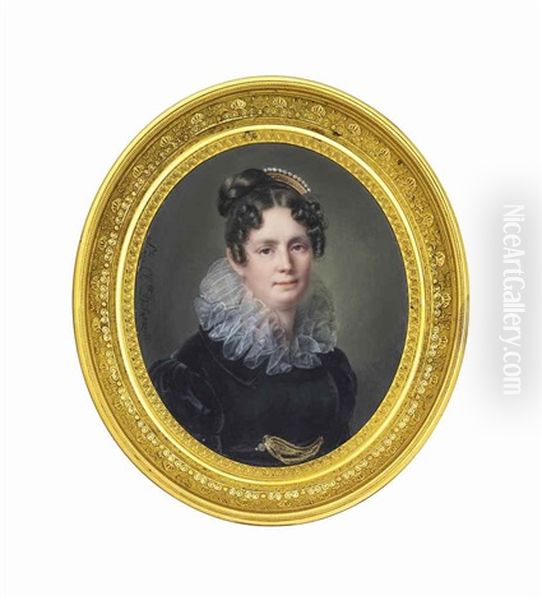 A Young Lady, In Black Dress With White Ruff, A Pearl-set Comb In Her Brown Hair Oil Painting by Sophie Clemence Delacazette