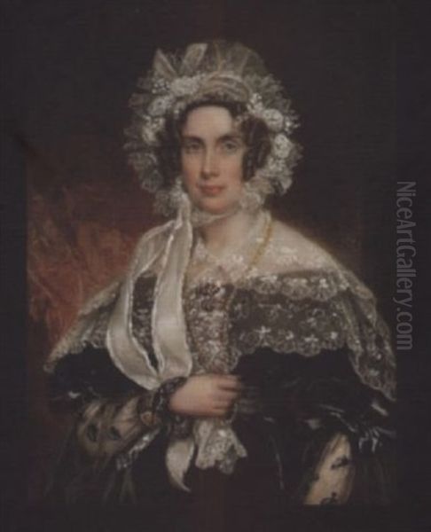 A Lady, Wearing Black Dress With Large White Lace Collar And Black Lace Demi-gigot Sleeves, White Lace And Gauze Bonnet Dressed With White Roses And Long Wide Ribbon Ties, She Holds A Gold Necklace by Benjamin Delacour