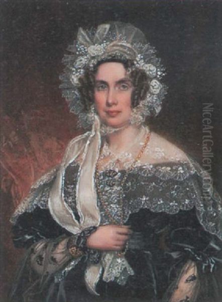 A Lady Wearing Black Dress, White Lace And Gauze Bonnet Dressed With White Roses And Ribbon Ties, She Holds A Gold Necklace About Her Neck Oil Painting by Benjamin Delacour