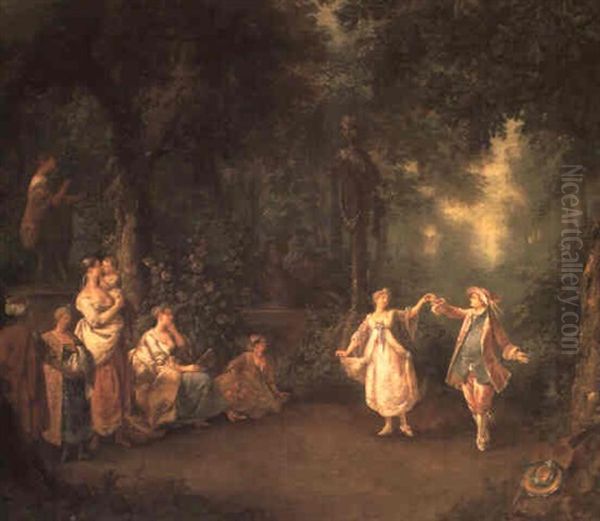 Un Couple Elegant Dansant Dans Un Jardin Et D'autres        Personnages Les Regardant Oil Painting by William Delacour