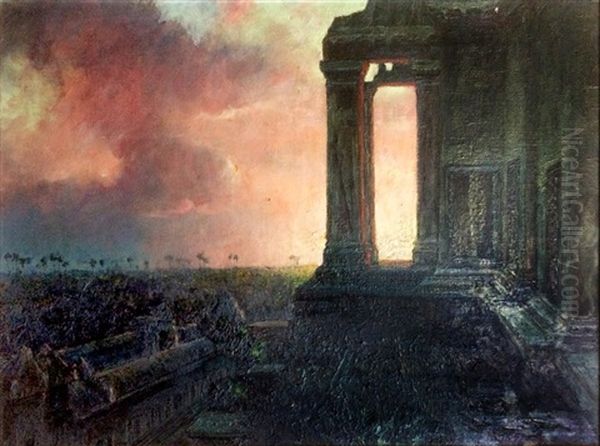 Angkor Vat, Portique Au Coucher Oil Painting by Andre Delacroix