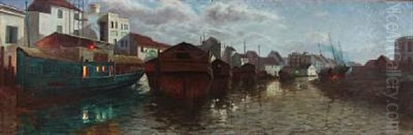 Harbour Scene From Indochina Oil Painting by Andre Delacroix