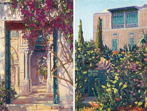 L'entree De La Midah Du Belvedere- L'entree D'un Jardin A Sidi-bou-saidthe (2 Works) Oil Painting by Andre Delacroix