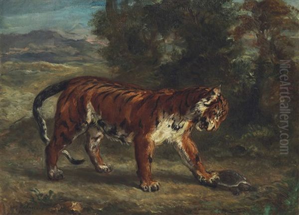 Tigre Jouant Avec Une Tortue Oil Painting by Eugene Delacroix