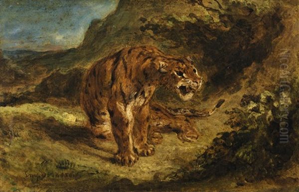 Tiger On The Look-out Or Growling Tiger Oil Painting by Eugene Delacroix