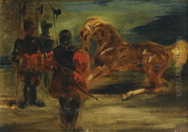 Un Cheval Et Trois Hommes D'armes Oil Painting by Eugene Delacroix