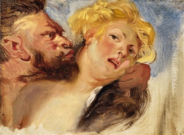 Satyr And Nympf (after Peter Paul Rubens) Oil Painting by Eugene Delacroix