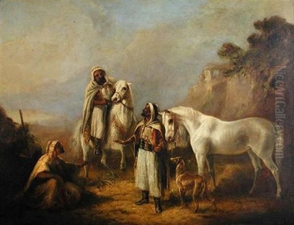 Arabs With Arab Horses And A Saluki In The Desert Oil Painting by Eugene Delacroix