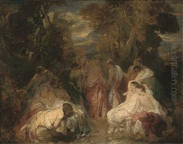 Maidens Bathing At A Woodland Pool Oil Painting by Eugene Delacroix