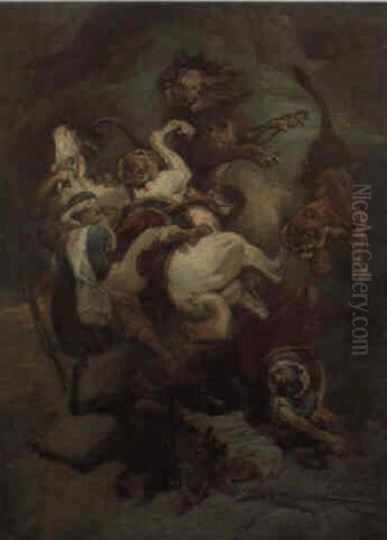 Araber Zu Pferd Von Lowen Angegriffen Oil Painting by Eugene Delacroix