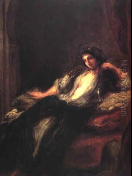 Femme D'alger Assise Dans Son Interieur Oil Painting by Eugene Delacroix