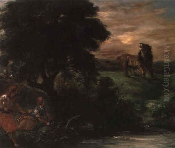 L'affut Au Lion Oil Painting by Eugene Delacroix