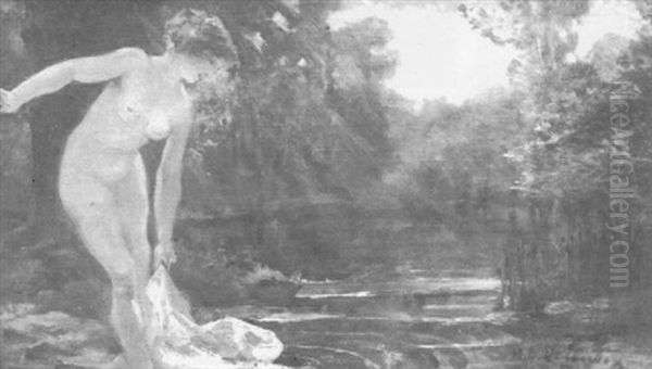 A Nude Woman Standing By A Pool Oil Painting by Henry Eugene Delacroix