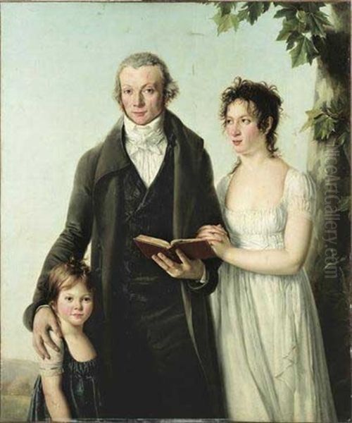 Portrait D'alexandre-marie Lenoir, Archeologue Et Conservateur Du Musee Des Monuments Francais, Avec Sa Femme Adelaide Binart Et Leur Fille Oil Painting by Pierre-Maximilien Delafontaine