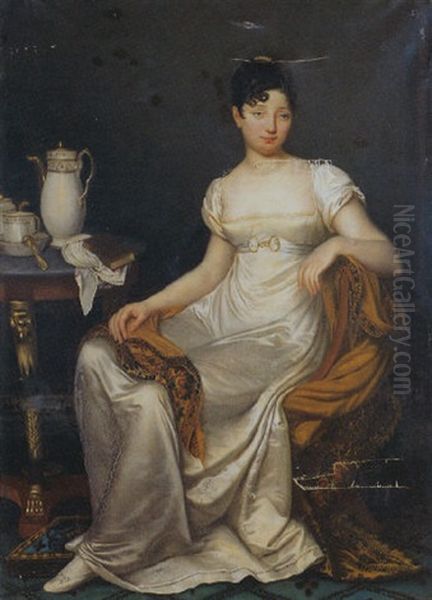 Femme De Cour Prenant Le The Oil Painting by Pierre-Maximilien Delafontaine