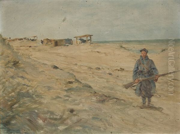 Soldat De Garde Marchant, Pres D'un Campement Cotier Oil Painting by Ernest Jean Delahaye