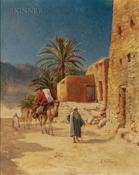 Orientalist Landscape With Man And Laden Camels Oil Painting by Alexis Auguste Delahogue