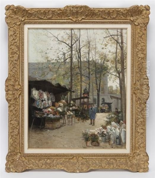 Marche Aux Fleurs Oil Painting by Alexis Auguste Delahogue