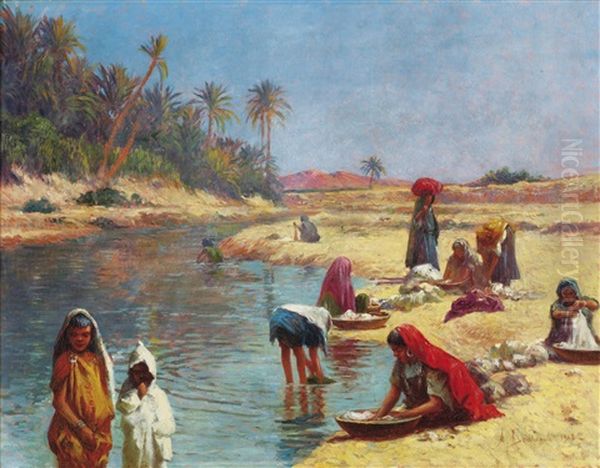 Laveuses A L'oued Oil Painting by Alexis Auguste Delahogue