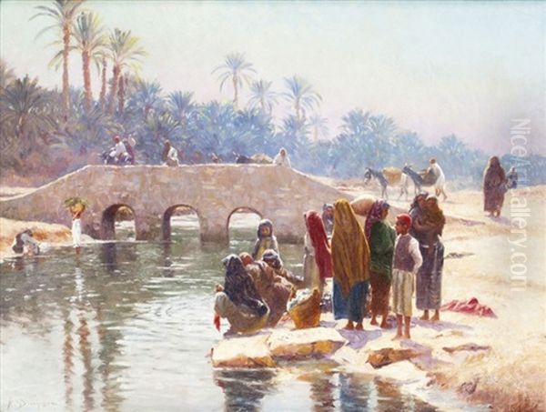 Lavandieres Pres Du Pont Oil Painting by Alexis Auguste Delahogue