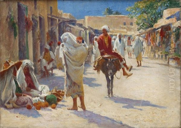 Marche Dans Une Rue A Kairouan Oil Painting by Alexis Auguste Delahogue