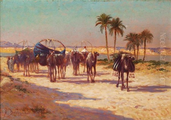 Caravane Sur Les Bords De L'oued Bayech, Le Soir A Gafsa Oil Painting by Alexis Auguste Delahogue